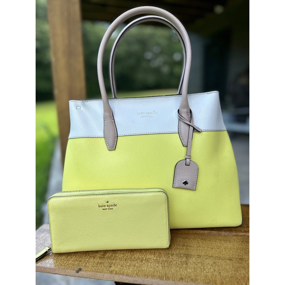 Kate Spade Eva Colorblock Lg Satchel Tote Bag & Wallet Set Yellow Cream Two Tone